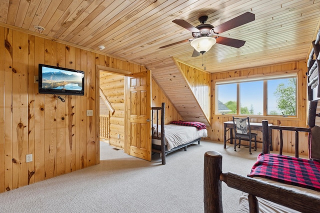 5784 Mcgowan Rd, Brainerd, MN 56401 - bedroom featuring wooden ceiling, wooden walls, and carpet