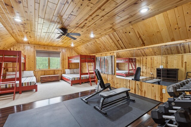 5784 Mcgowan Rd, Brainerd, MN 56401 - bedroom featuring vaulted ceiling, wood ceiling, wood walls, and wood-type flooring