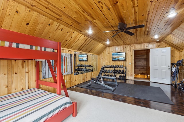 5784 Mcgowan Rd, Brainerd, MN 56401 - bedroom featuring lofted ceiling, wood walls, wooden ceiling, wood finished floors, and recessed lighting