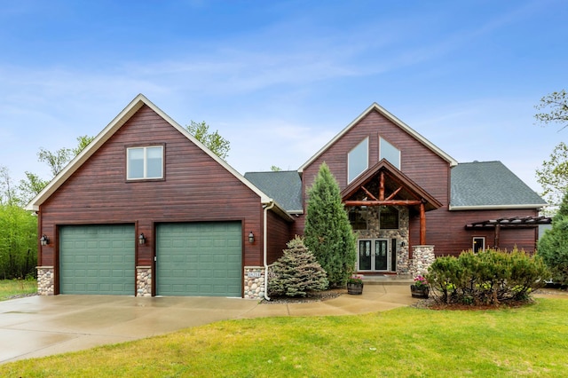 5784 Mcgowan Rd, Brainerd, MN 56401 - rustic home featuring stone siding, an attached garage, and a front yard