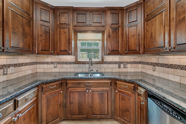 1317 8th Ave N, Saint Cloud, MN 56303 - kitchen with dishwasher, a sink, backsplash, and dark stone countertops