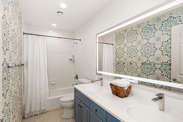 bathroom featuring toilet, tile patterned flooring, shower / bath combination with curtain, double vanity, and recessed lighting