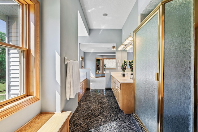 full bathroom with granite floors, a shower stall, healthy amount of natural light, and vanity