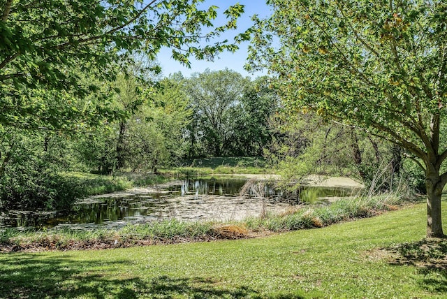 view of green lawn featuring a water view and a wooded view