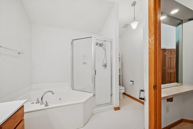 217 Canyon Dr, Hudson, WI 54016 - bathroom with a shower stall, a garden tub, vanity, and lofted ceiling