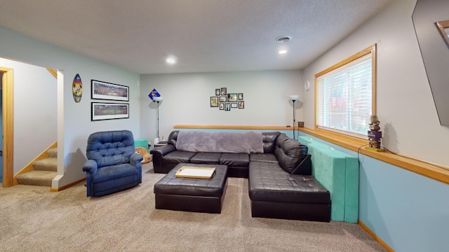 carpeted living room featuring recessed lighting, stairway, and baseboards