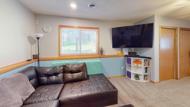 carpeted living room featuring baseboards and a textured ceiling