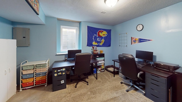 home office featuring electric panel, a textured ceiling, and carpet flooring