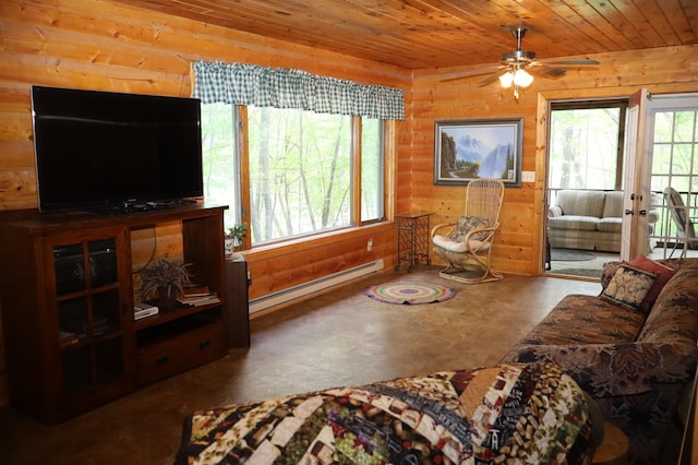 living area with a baseboard heating unit, concrete floors, ceiling fan, wooden ceiling, and wood walls