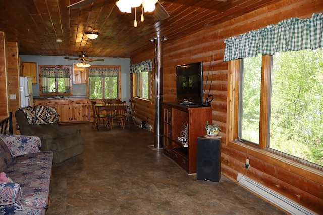 living room with baseboard heating, a ceiling fan, and wooden ceiling