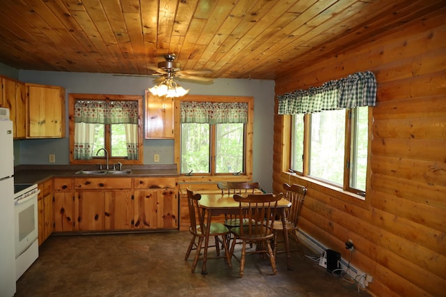 kitchen with a sink, white electric range, dark countertops, a ceiling fan, and dark floors