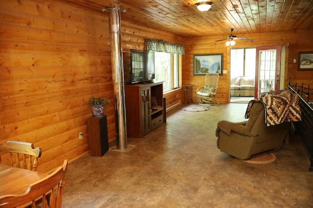 living room featuring wood ceiling, plenty of natural light, ceiling fan, tile patterned floors, and wooden walls