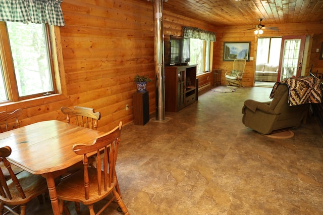 dining room with wood ceiling, ceiling fan, and wooden walls
