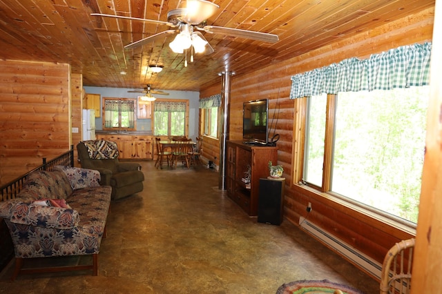 living area featuring rustic walls, baseboard heating, a ceiling fan, and wood ceiling