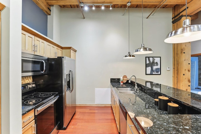 kitchen with stainless steel appliances, a sink, light wood-style floors, a towering ceiling, and pendant lighting