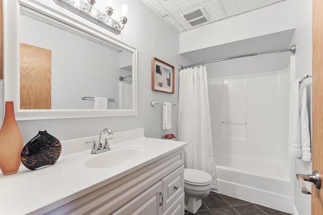 bathroom with tile patterned flooring, toilet, vanity, shower / bath combination with curtain, and an ornate ceiling