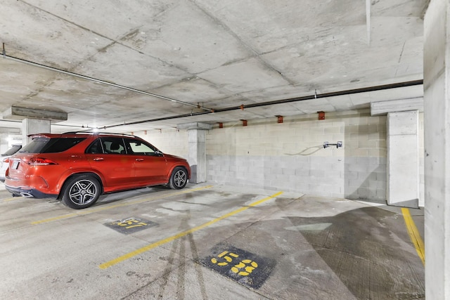 parking garage with concrete block wall
