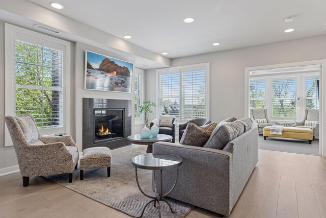 415 Indian Mound St Unit 302, Wayzata, MN 55391 - living room featuring wood finished floors, healthy amount of natural light, a fireplace, recessed lighting, and baseboards