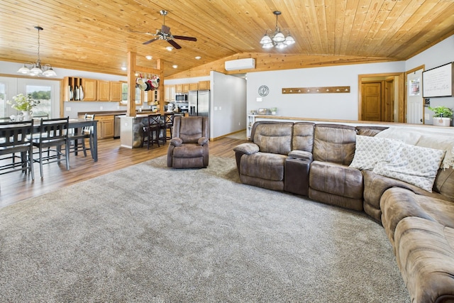 living room with a chandelier, lofted ceiling, wood ceiling, ceiling fan, and light wood-type flooring