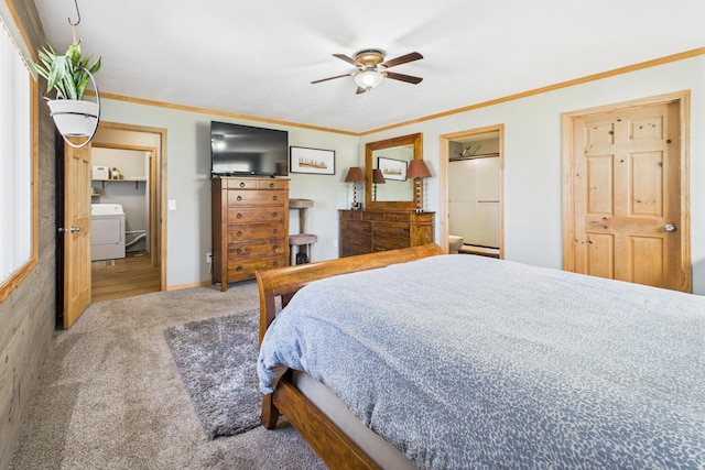 bedroom with carpet, washer / dryer, crown molding, ceiling fan, and baseboards