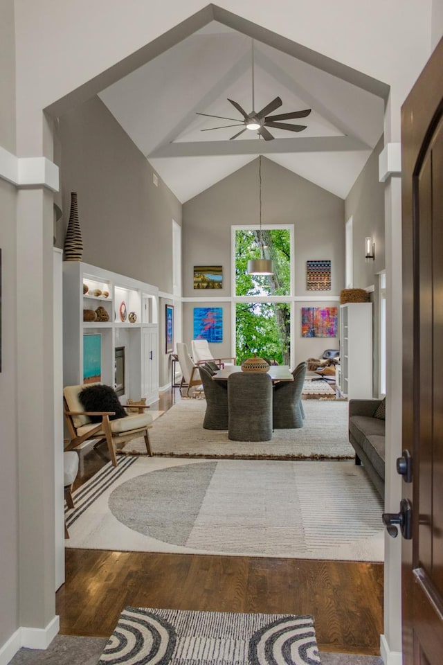 2 Edgcumbe Pl, Saint Paul, MN 55116 - foyer entrance featuring high vaulted ceiling, a ceiling fan, wood finished floors, and beamed ceiling