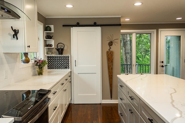 2 Edgcumbe Pl, Saint Paul, MN 55116 - kitchen featuring range with electric stovetop, open shelves, under cabinet range hood, crown molding, and dark wood-style floors