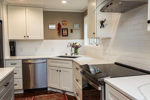 2 Edgcumbe Pl, Saint Paul, MN 55116 - kitchen featuring stainless steel appliances, ventilation hood, a sink, crown molding, and decorative backsplash