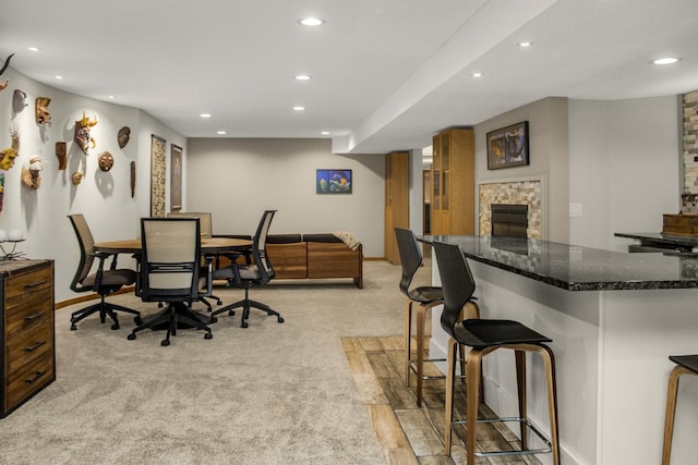 2 Edgcumbe Pl, Saint Paul, MN 55116 - game room featuring recessed lighting, light colored carpet, baseboards, and a fireplace