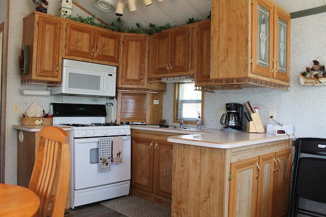 39624 Crane Lake Dr, Clitherall Twp, MN 56515 - kitchen featuring white appliances, light countertops, brown cabinets, a peninsula, and dark wood-style flooring