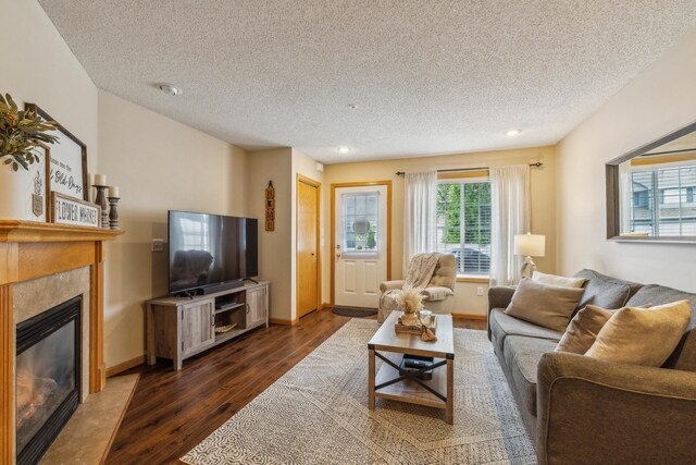 8289 Delaney Dr Unit 24, Inver Grove Heights, MN 55076 - living room featuring wood finished floors, a textured ceiling, a glass covered fireplace, recessed lighting, and baseboards