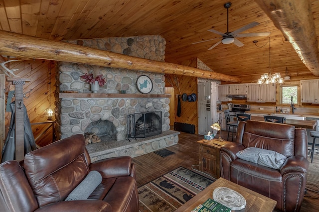 living room with hardwood / wood-style flooring, ceiling fan, wood ceiling, a chandelier, and lofted ceiling