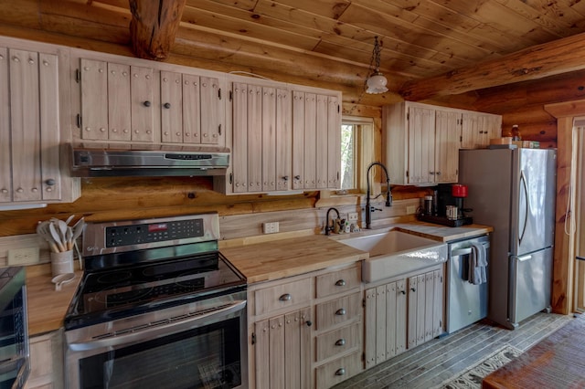 kitchen featuring stainless steel appliances, under cabinet range hood, a sink, wooden ceiling, and butcher block countertops