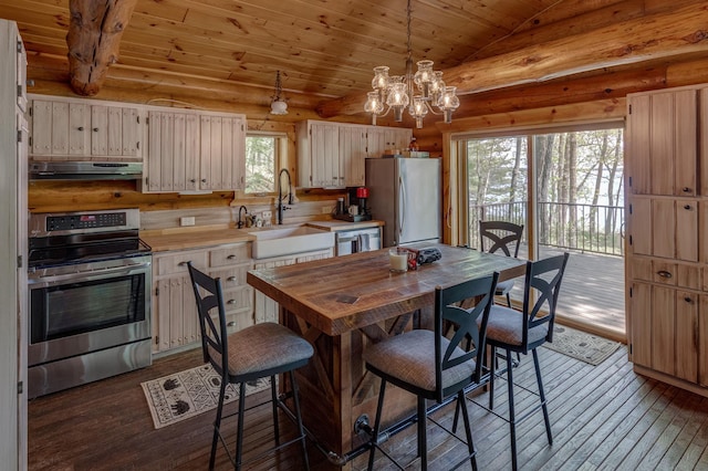 kitchen featuring appliances with stainless steel finishes, a sink, under cabinet range hood, hardwood / wood-style flooring, and light countertops