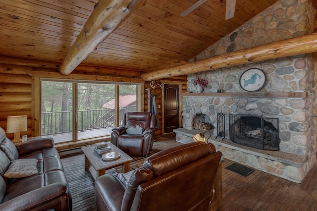 living area featuring wooden ceiling, rustic walls, wood-type flooring, and a fireplace
