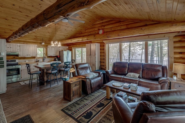 living area with rustic walls, wooden ceiling, a chandelier, ceiling fan, and plenty of natural light