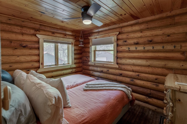 bedroom with multiple windows, wood-type flooring, and wood ceiling