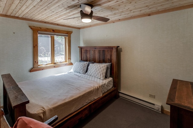 carpeted bedroom with a baseboard radiator, wood ceiling, ornamental molding, and a ceiling fan