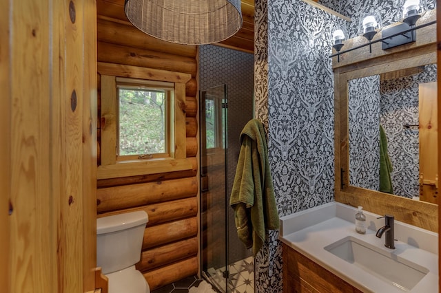 full bath featuring log walls, toilet, wallpapered walls, vanity, and an enclosed shower