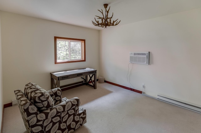 living area featuring carpet, baseboard heating, a wall unit AC, a chandelier, and baseboards