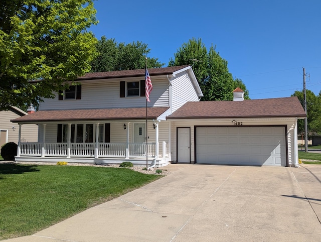view of front facade featuring covered porch, a garage, driveway, a front yard, and a chimney