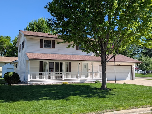 view of front of home featuring a porch, driveway, an attached garage, a front lawn, and a shingled roof