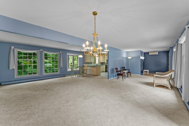 331 Sunset Ln N, Cambridge, MN 55008 - carpeted dining space with a chandelier, a baseboard radiator, and vaulted ceiling