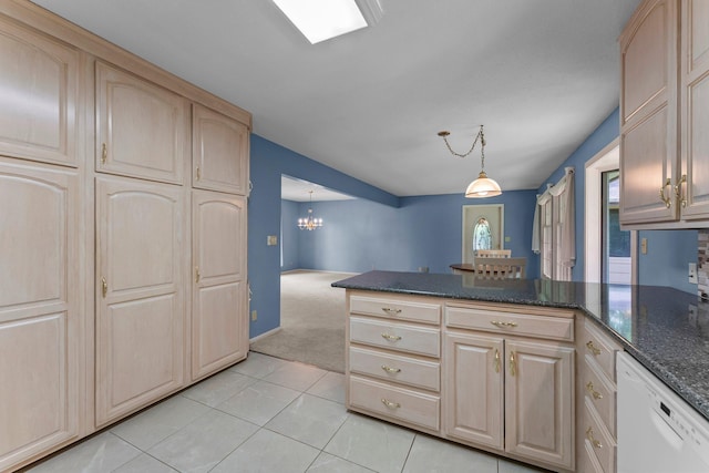 331 Sunset Ln N, Cambridge, MN 55008 - kitchen featuring dishwasher, a chandelier, light colored carpet, a peninsula, and light brown cabinetry