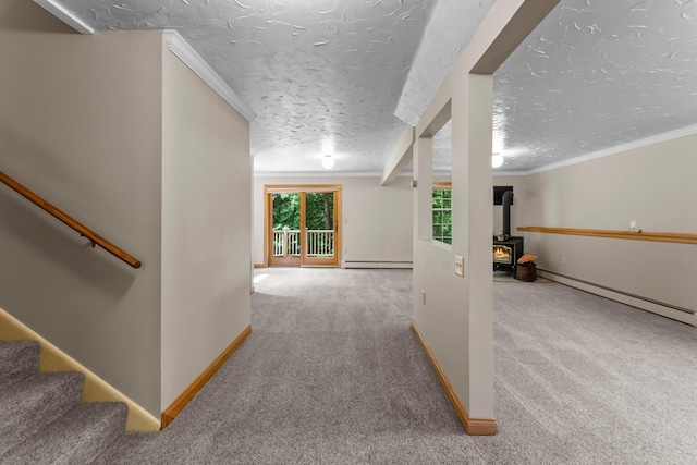 331 Sunset Ln N, Cambridge, MN 55008 - corridor with a baseboard heating unit, carpet, a textured ceiling, a baseboard radiator, and crown molding