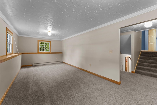 331 Sunset Ln N, Cambridge, MN 55008 - unfurnished room featuring a baseboard radiator, carpet, ornamental molding, stairs, and a textured ceiling