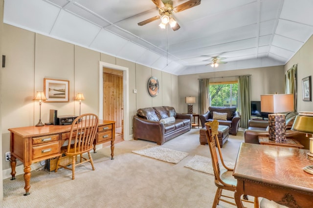 20473 Leisure Dr, Pelican Rapids, MN 56572 - carpeted living area with a ceiling fan, a desk, and lofted ceiling