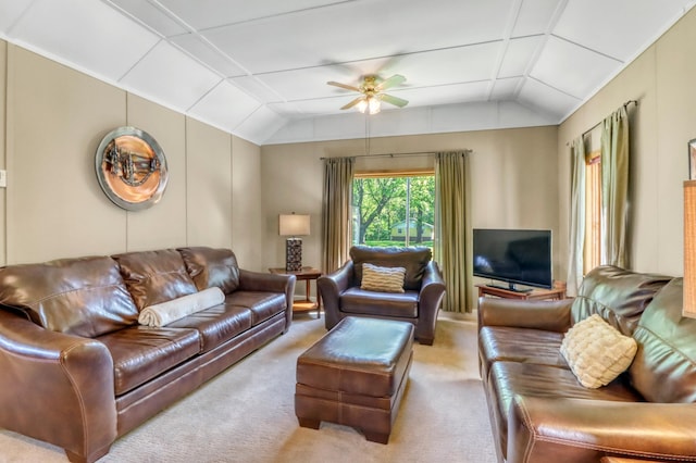 20473 Leisure Dr, Pelican Rapids, MN 56572 - carpeted living area with vaulted ceiling and ceiling fan