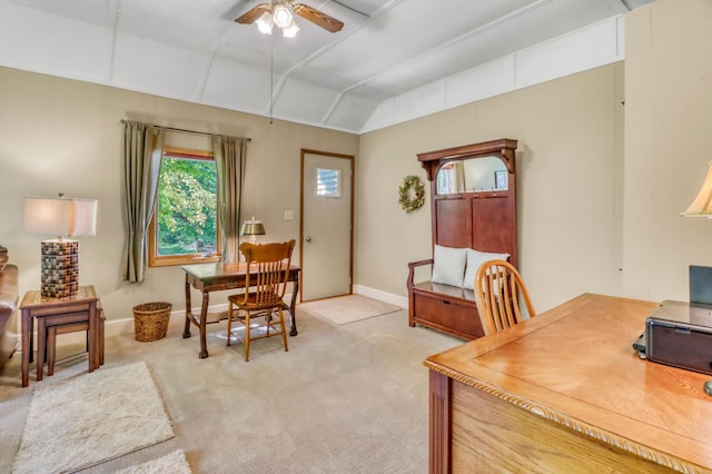 20473 Leisure Dr, Pelican Rapids, MN 56572 - office area featuring ceiling fan, lofted ceiling, light carpet, and baseboards