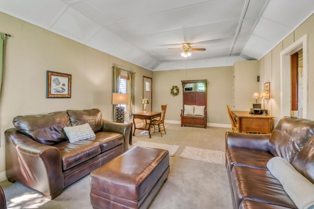 20473 Leisure Dr, Pelican Rapids, MN 56572 - living area with vaulted ceiling, a ceiling fan, light colored carpet, and baseboards