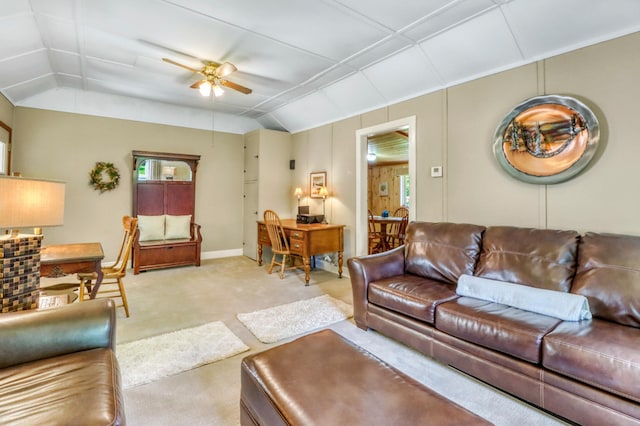 20473 Leisure Dr, Pelican Rapids, MN 56572 - carpeted living area with vaulted ceiling, ceiling fan, and baseboards